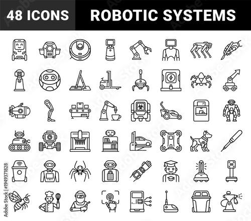 Robotic automation and artificial intelligence systems for industrial and domestic utility. Technical monoline pictograms featuring smart technology and future mechanics.