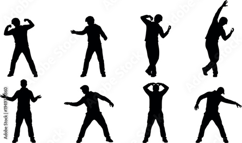 Eight black silhouettes of people dancing in various dynamic poses