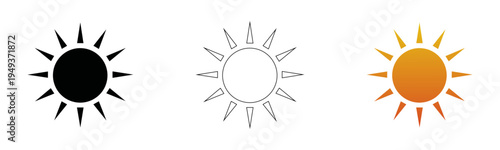 Bright Sun Symbol and Weather Icon Set, Solar Energy Concept with Orange Gradient Rays, Summer Heat and Sunlight Vector Illustration for Climate App