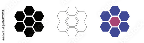 Geometric Hexagon Honeycomb Icon Set with Purple and Pink Gradient Style, Abstract Network Structure and Symmetric Hive Pattern for Modern Tech Logo