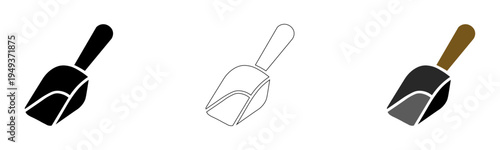 Kitchen Scoop Icon Set for Flour Grain and Ice Measurement, Minimalist Black Outline and Realistic Brown Handle Style Vector Illustration Graphic