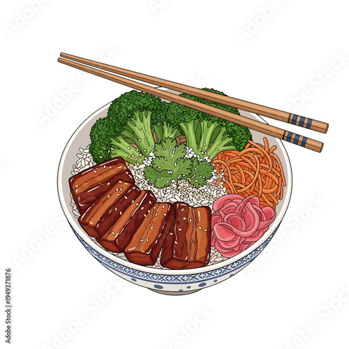 Flavorful bowl of rice topped with glazed protein, vibrant broccoli, shredded carrots, and pickled ginger with chopsticks