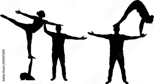 Acrobatic trio performing dynamic poses in silhouette