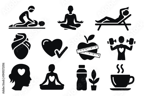 Wellness icon set solid vector collection showing massage, yoga, spa, relaxation, health, exercise, diet, wellbeing, meditation, aromatherapy, fitness, self-care and holistic healing concepts.