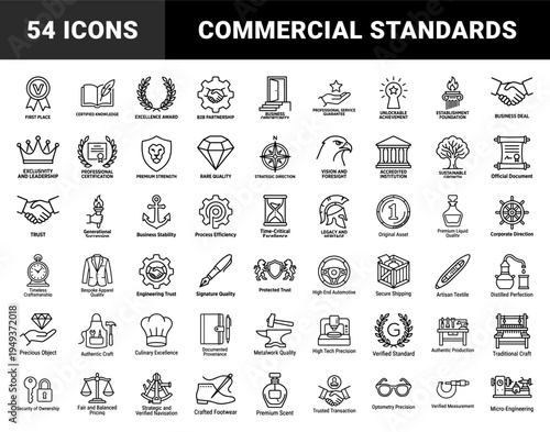 Commercial excellence and premium craftsmanship symbols for corporate branding. Professional monoline pictograms featuring business integrity and industrial quality concepts.
