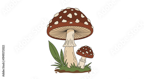 Large brown mushroom with white spots grows from a patch of green grass with a smaller mushroom beside it on a white background.