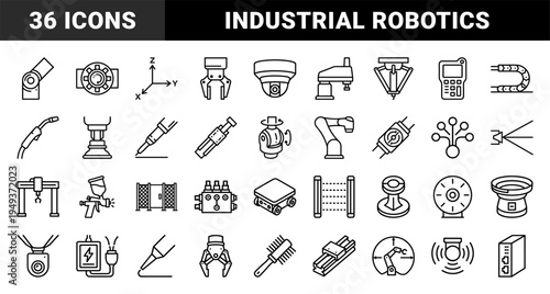 Industrial robotics and automated manufacturing systems technical monoline pictograms for smart factory engineering and production line workflows.