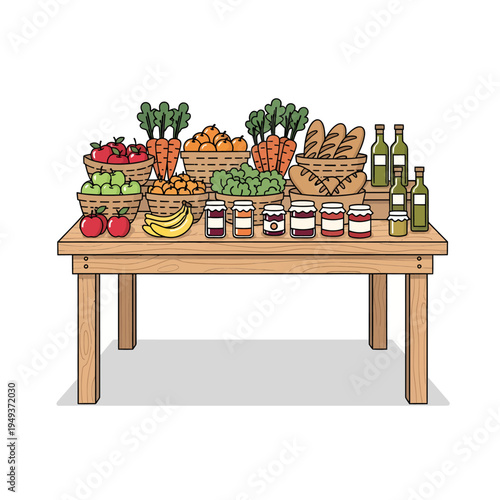 Abundant display of fresh fruits, vegetables, bread, and preserves on a rustic wooden table, evoking a sense of abundance and healthy eating