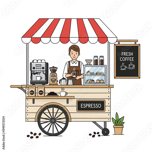 Delightful illustration of a cheerful coffee vendor serving artisan beverages from a charming mobile cart, offering fresh espresso and handcrafted drinks with a friendly smile