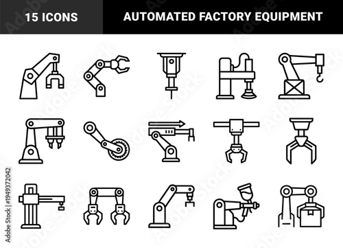 Automated manufacturing and robotic assembly line components for industrial engineering. Technical monoline pictograms featuring mechanical arms and factory automation.