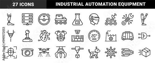 Robotics and automation technology elements featuring industrial mechanical arms and artificial intelligence concepts in a monoline technical style.