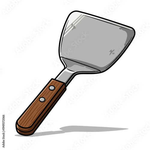 A simple, flat cooking utensil with a wooden handle, commonly used for flipping food like pancakes and burgers