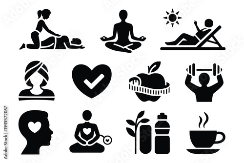 Wellness icon set solid vector collection showing massage, yoga, spa, relaxation, health, exercise, diet, wellbeing, meditation, aromatherapy, fitness, self-care and holistic healing concepts.