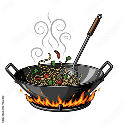 Dynamic Illustration of Asian Stir-Fry Noodles Cooking in a Fiery Wok Over a Gas Flame, Emitting Delicious Steam and Aroma, Ready for a Savory Meal