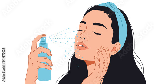 Young woman with a blue headband sprays a refreshing mist onto her face for skincare and hydration against a clean white background.