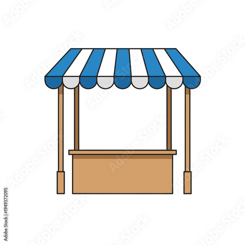 Colorful market stall illustration with a blue and white striped awning, perfect for representing pop-up shops, vendor booths, outdoor sales, and festive event stands
