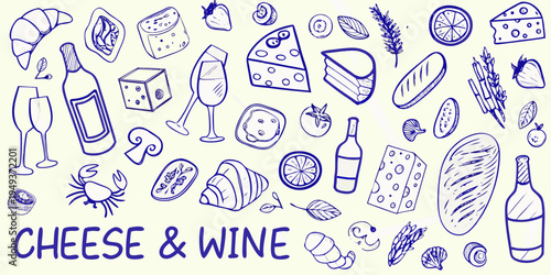 Doodle illustration of various cheeses wines and accompanying foods