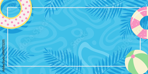 Summer themed background with tropical leaves inflatables and a white frame