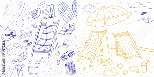 A colorful sketched flat lay of summertime beach essentials and accessories