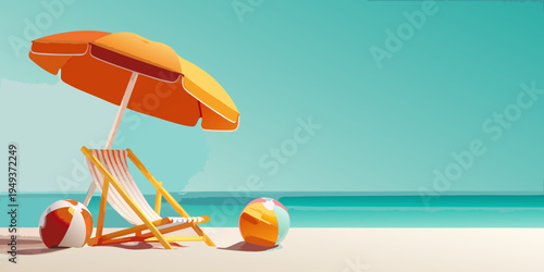 A colorful beach scene featuring a lounge chair and beach umbrella