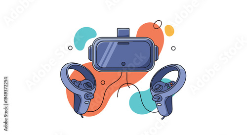 Modern virtual reality headset is shown with two hand controllers and abstract colorful shapes for gaming and technology themes.