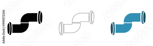 Pipe elbow fittings icons in black solid outline and blue versions for plumbing sanitary and construction design elements