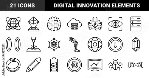 Future technology and digital innovation elements for interface design. Technical monoline pictograms featuring artificial intelligence and sustainable energy concepts.
