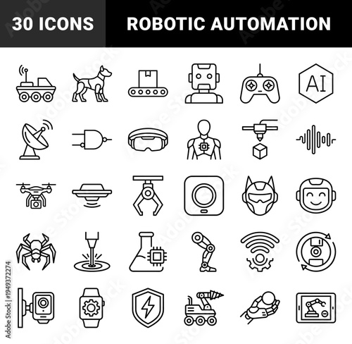 Robotics and artificial intelligence automation elements for industrial engineering. Technical monoline pictograms featuring bionic limbs and smart machinery.