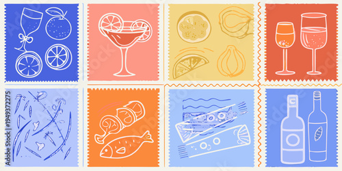 A collection of colorful postage stamps featuring drinks and botanicals