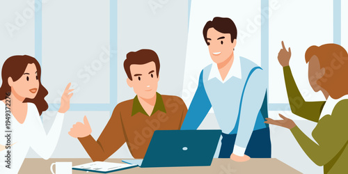 Team members collaborating around a table during a business meeting