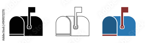 Mailbox icons in black outline white fill and red flag versions isolated for postal communication and delivery design