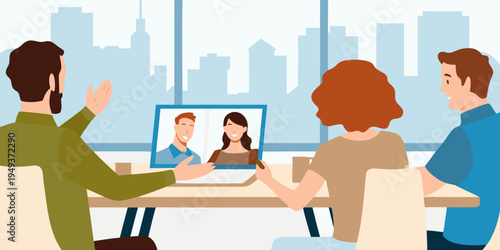 Team members collaborating remotely via video conference in a modern office