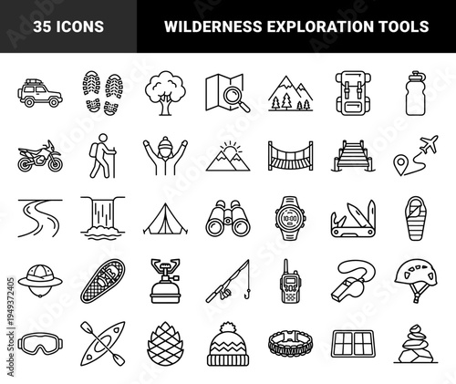Outdoor adventure and wilderness exploration gear featuring technical monoline pictograms. Hiking, camping, and mountain trekking equipment assets.