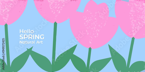 Stylized pink tulips with green stems against a pale blue background