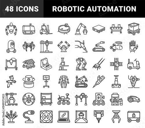 Industrial automation and robotic engineering systems for smart factory manufacturing. Technical monoline pictograms of autonomous machinery and mechanical hardware.