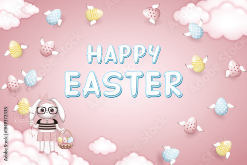 Happy Easter card, dressed Bunny girl in glasses holds a basket of Easter eggs on pink background with winged easter eggs and clouds, free space in the middle of illustration