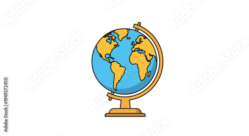 Classic desktop globe of the world sits on a golden stand against a clean white background for education and travel themes.