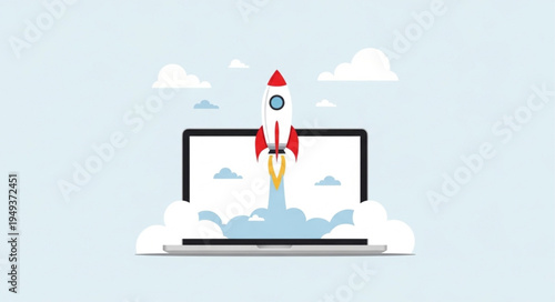 Rocket Launching From Laptop Screen Symbolizing Startup Success.