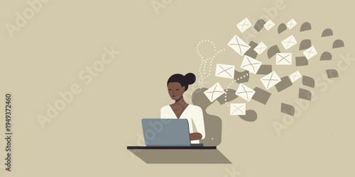 Woman working on laptop surrounded by floating email icons