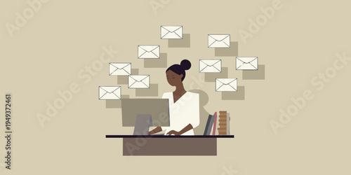 Woman working at a desk surrounded by floating email icons