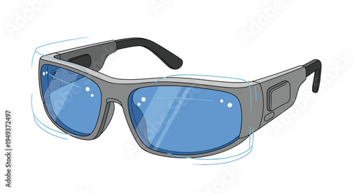 Pair of sleek gray smart glasses with blue lenses and built in cameras or sensors are shown with motion lines for technology.