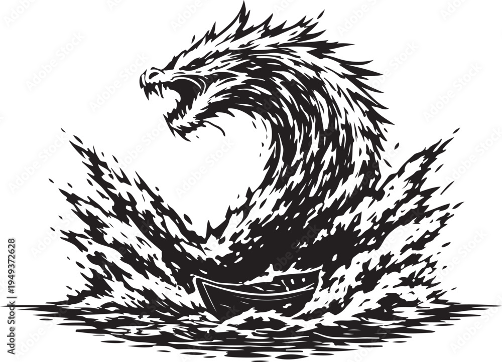 Obraz premium Dramatic Ink Style Sea Dragon Serpent Emerging from Ocean Waves Illustration