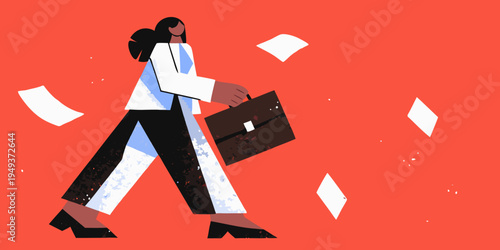 A businesswoman walks forward amidst falling white papers on a red background