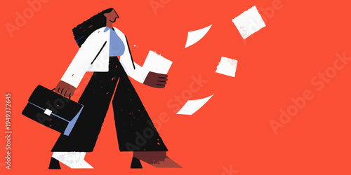 Woman in business attire walking amidst falling white paper pieces