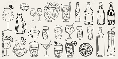 Variety of hand drawn cocktail glasses bottles and fruit illustrations