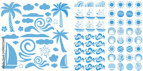 Blue and white summer themed patterns featuring boats clouds and palms