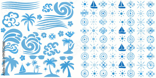 Blue and white summer pattern featuring tropical and nautical elements