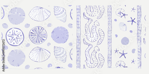 A seamless pattern of hand drawn seashells and marine life elements