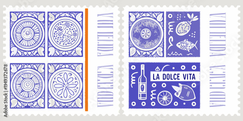 Vintage postage stamps featuring decorative floral and fruit designs in blue