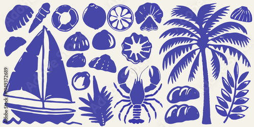 Blue and white illustration of seashells marine life and tropical plants